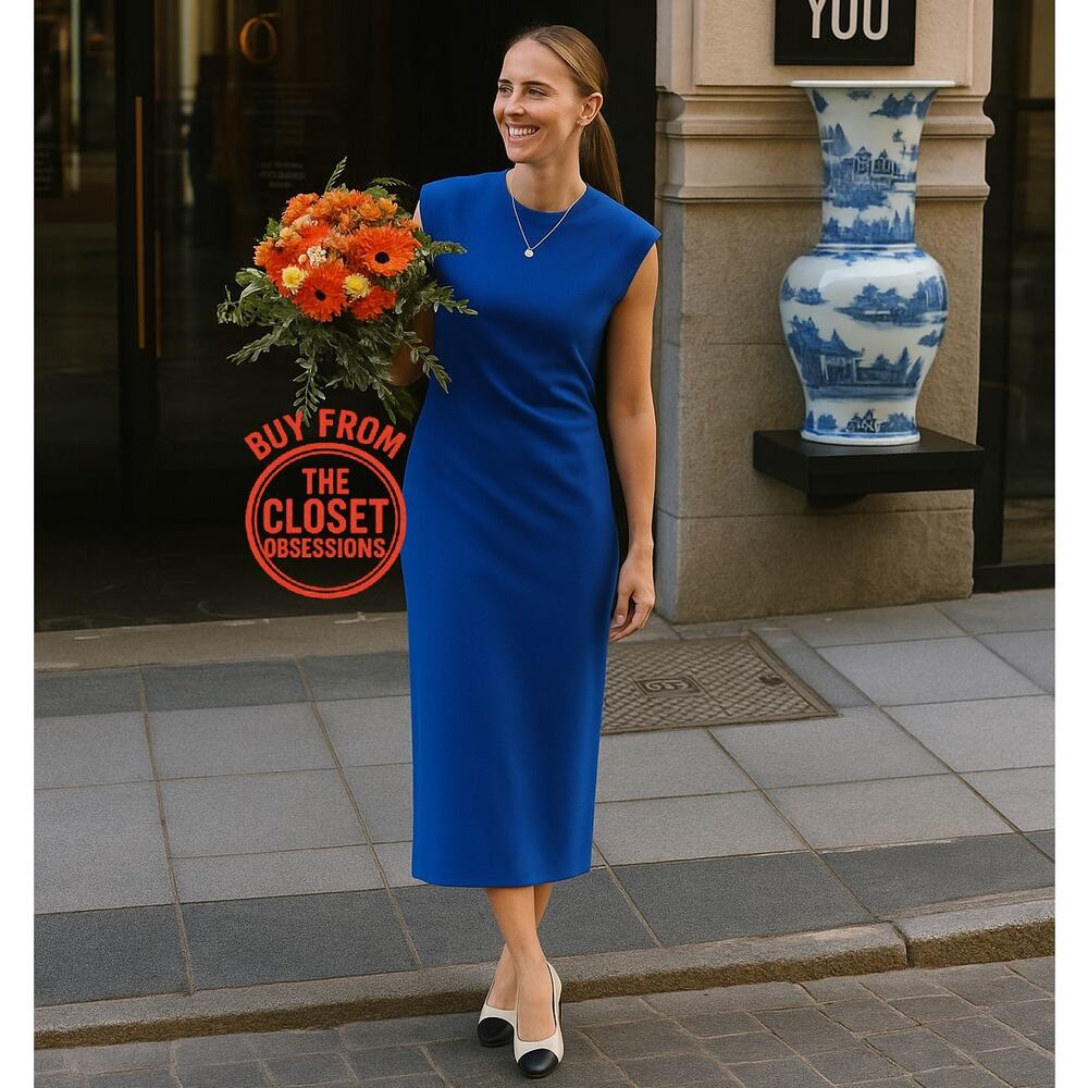 Zara NWT Royal Blue Shoulder Pad Structured Midi Dress M